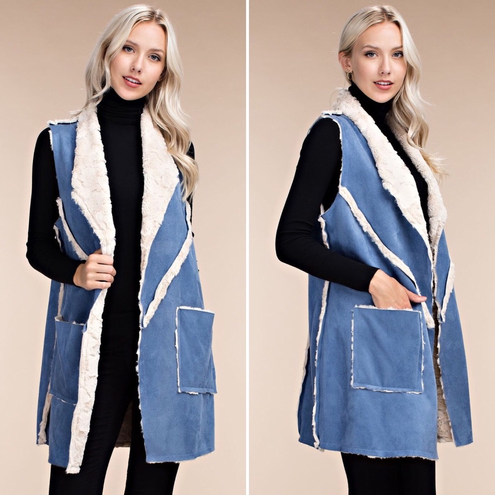 Blue Faux Suede Fur Vest